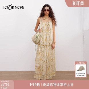 LOOKNOW2026春夏新品 LAND 多色花卉雪纺吊带连衣裙