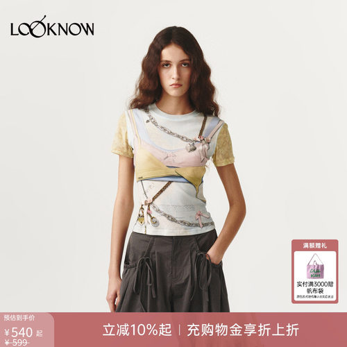 fordare LOOKNOW设计师品牌26春夏新品蕾丝链条撞色3D感印花短袖