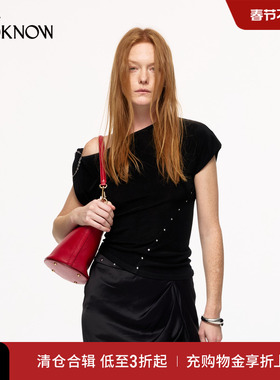 IF BY LAND设计师品牌LOOKNOW2025春季新款黑色斜肩纽结短袖T恤女