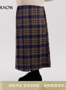 HOWLIN X LOOKNOW设计师品牌2025秋冬海军蓝格纹半身裙女