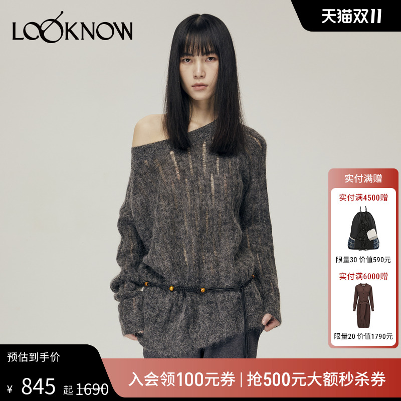 halfmoon设计师品牌LOOKNOW秋冬镂空马海毛套头毛衣女