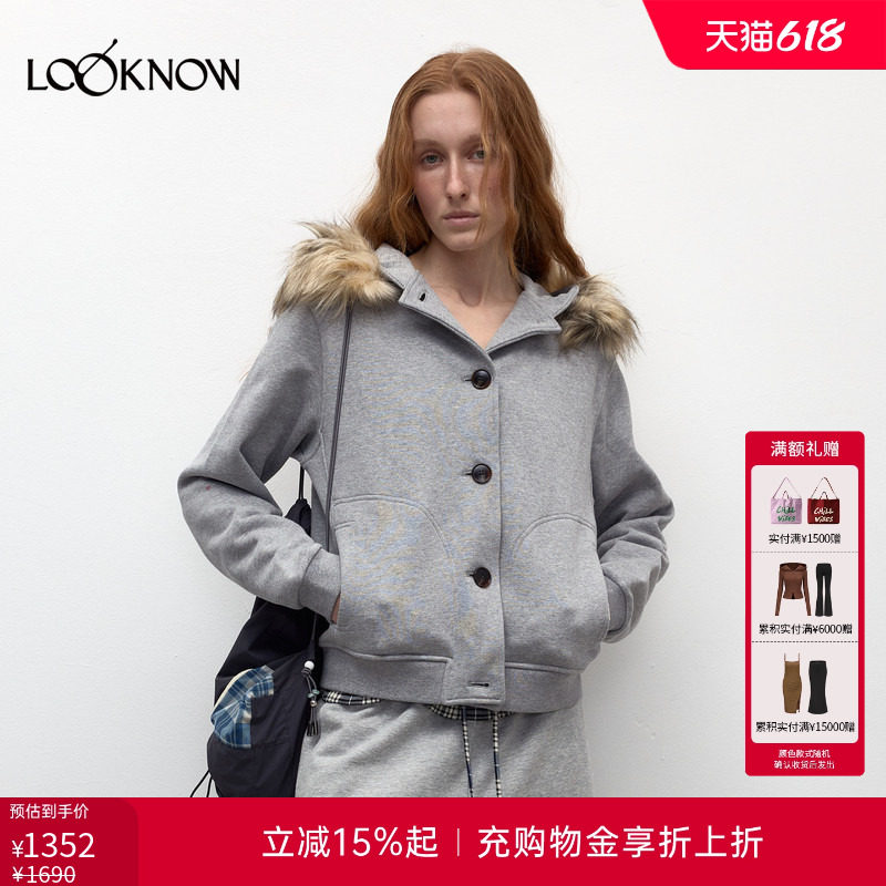 madeinormal设计师品牌LOOKNOW春新灰色毛毛领卫衣外套女
