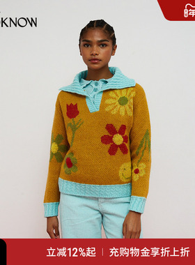 Dr Bloom x LOOKNOW设计师品牌2025冬季新款橙色花朵针织衫女