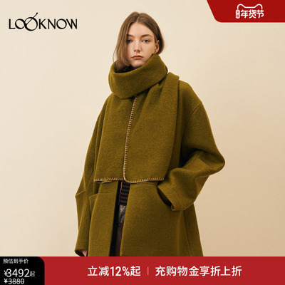THELAWN X LOOKNOW x 2025秋冬新品带围巾V领大廓形羊毛外套