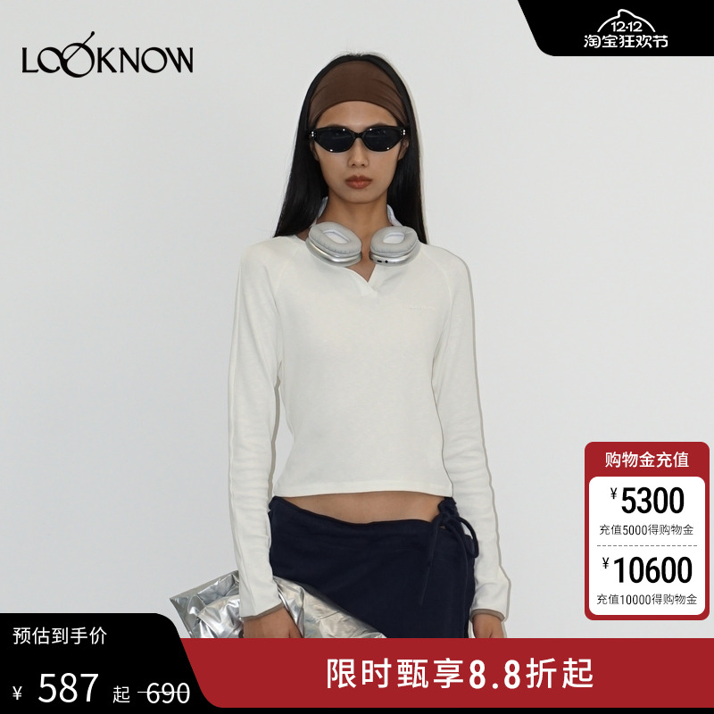 madeinormal X LOOKNOW2025年秋季白色撞边修身小V领插肩T恤女