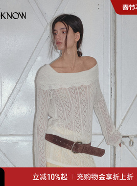 IF BY LAND镂空针织系列LOOKNOW2025春法式白色一字肩镂空针织衫