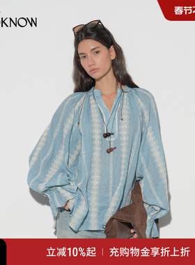 【沈月同款】IF BY LAND设计师LOOKNOW2025秋新法式蓝色刺绣衬衫