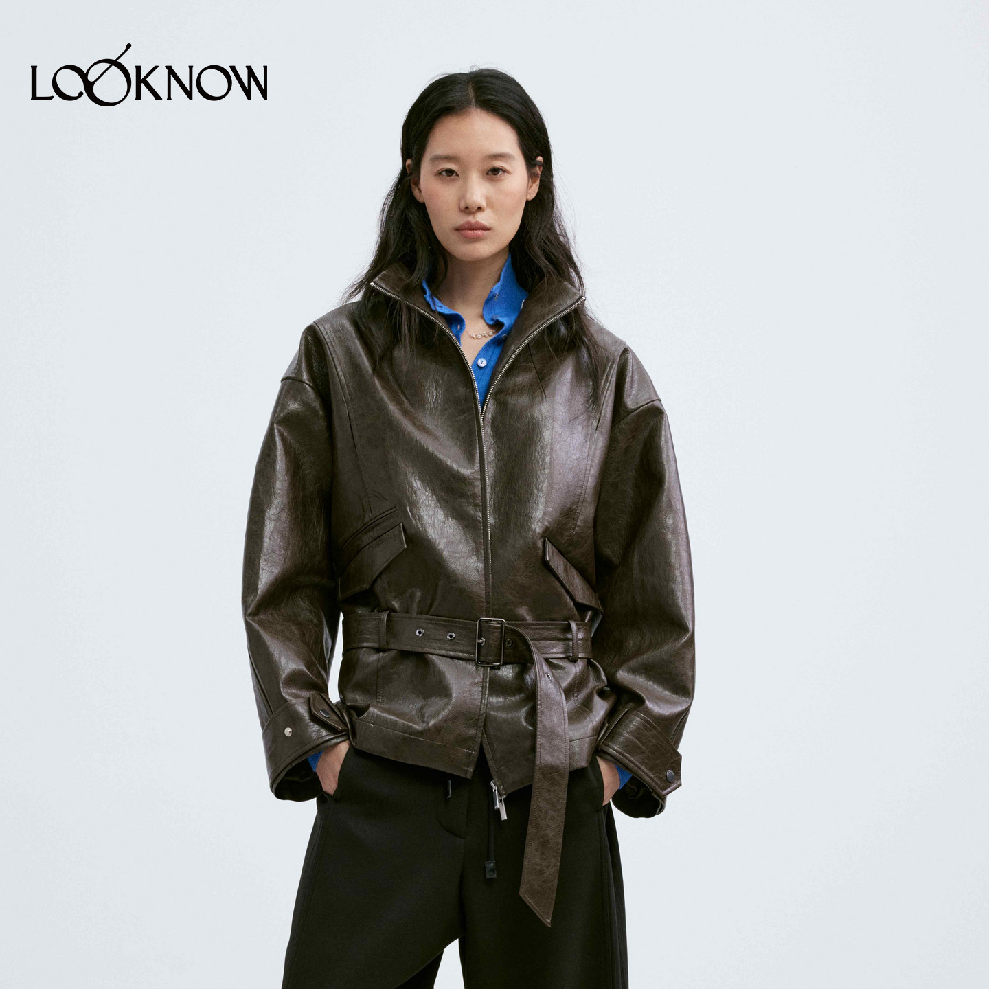medium well X LOOKNOW设计师品牌26秋季新品蜡感PU立领夹克-棕色图片