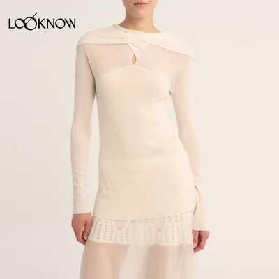 swaying x LOOKNOW2026春季新款多色水溶羊毛翻领套衫女