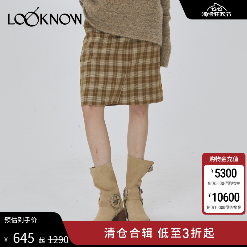 IF BY LAND设计师品牌LOOKNOW秋冬复古格纹拼接半裙女