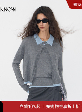 IF BY LAND X LOOKNOW2025秋季新款浅蓝色撞色边灰色开衫女