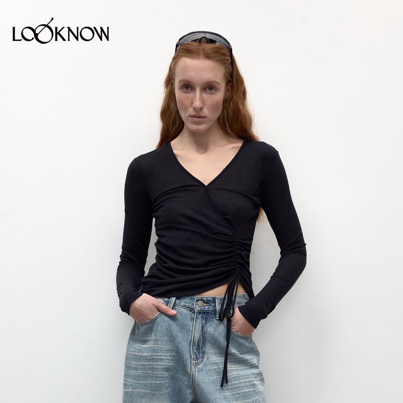 madeinormal设计师品牌LOOKNOW2025春季新款v领抽褶绑带针织衫女