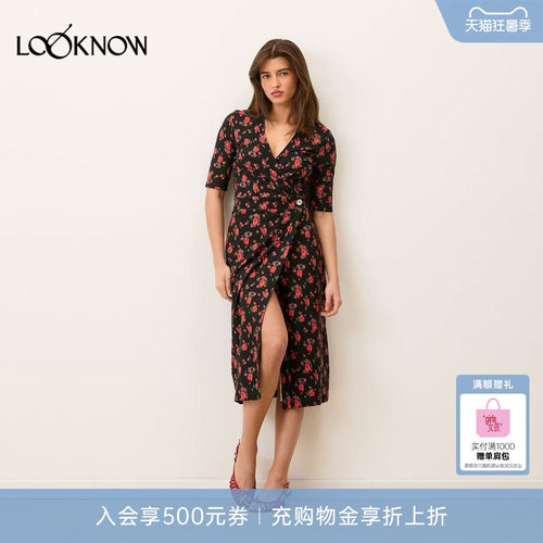 Rouje x LOOKNOW2026春季新款黑色碎花V领连衣裙