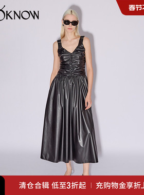 IF BY LAND设计师品牌LOOKNOW春夏黑色V领背带褶皱PU连衣裙