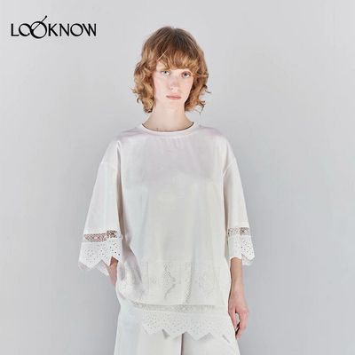 ICE DUST设计师品牌LOOKNOW2025年春季新款棉布绣花拼接T恤