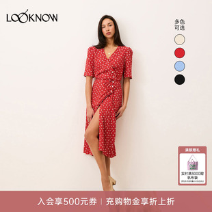 Rouje x LOOKNOW2026春季新款多色樱桃印花围裹式连衣裙