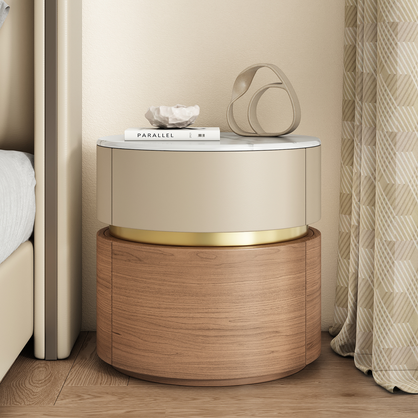 轻奢圆形实木床头柜卧室收纳柜现代简约高级感小边几储物床边柜