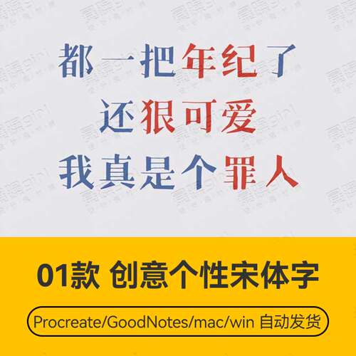 Procreate/Win/GoodNotes/Mac用 创意个性宋体字体安装包自动发货
