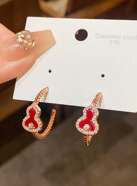 新中式锆石葫芦耳钉时尚气质红色耳环轻奢感耳饰设计感小众女