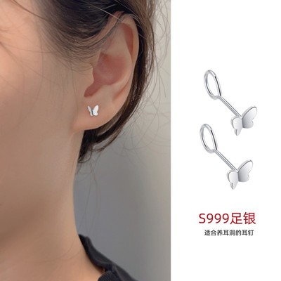 一念 999纯银蝴蝶耳钉2024新潮小巧养耳洞简约女弯钩防掉耳饰