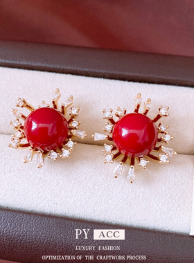 银针锆石安可拉红色圆形耳钉新中式轻奢百搭耳饰时尚复古风耳饰女