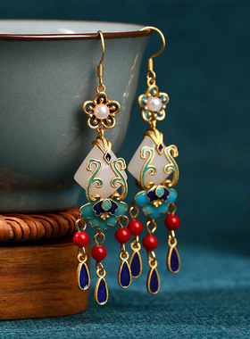 小红书博主推荐国风仿玉石耳钉女生红色感流苏精致古风耳环