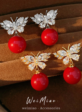 银针镶锆石蝴蝶红色圆形树脂耳钉精致气质耳环轻奢感耳饰