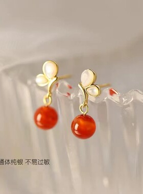 一念 s925纯银复古优雅猫眼石红色圆珠耳钉韩版时尚流行ins耳饰品