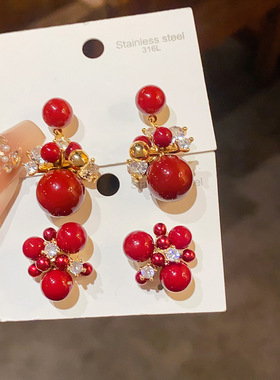 18k真金电镀树脂几何形锆石耳钉红色耳环轻奢感新年耳饰秋冬