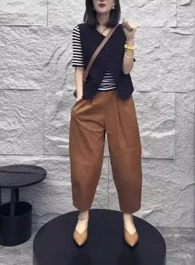 24150大爱美依缘2026夏季洋气条纹打底衫单排扣马甲休闲哈伦裤女