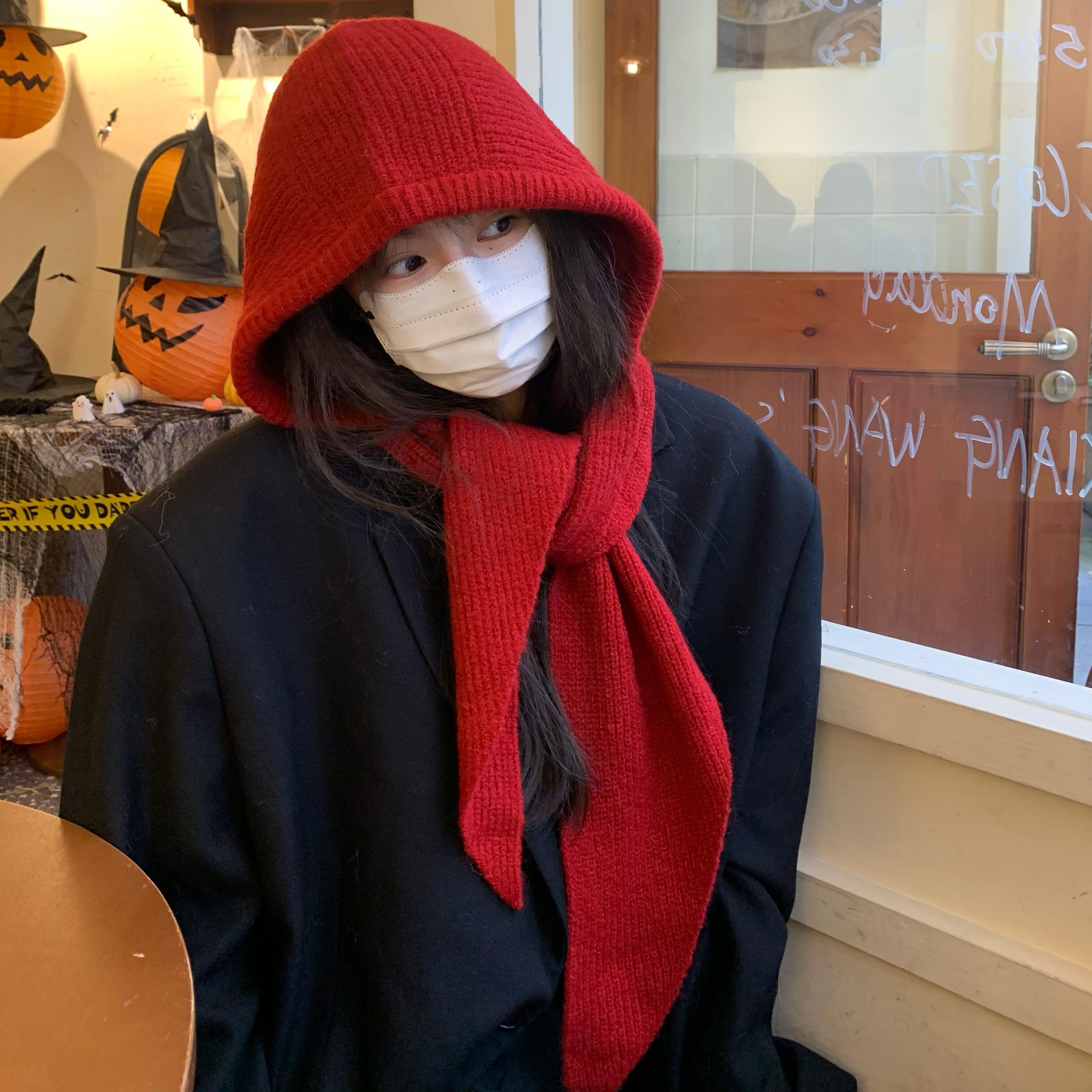 【圣诞新年氛围感穿搭】红色帽子围巾一体女冬季巴拉克拉法帽针织