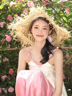 海邊沙灘大帽檐遮陽防曬度假風ins拍照 鏤空毛邊拉菲草帽子女夏季