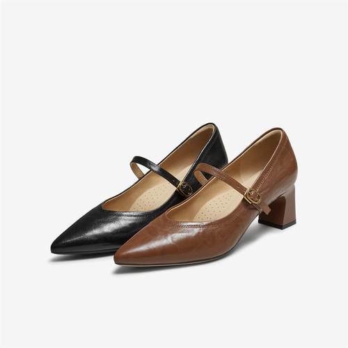 TATA他她女鞋2025年秋商场同款浅口气质黑色羊皮玛丽珍鞋XGM03CQ5