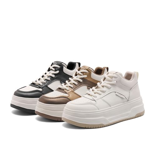 百丽Belle女鞋厚底高帮板鞋24冬季加绒休闲熊猫鞋小白鞋C1Q1DDM4