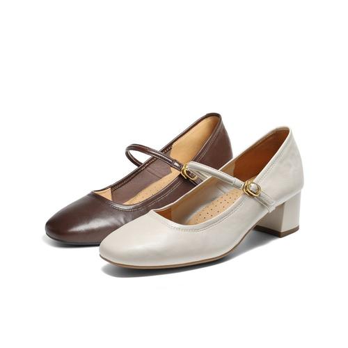 百丽法式羊皮粗高跟玛丽珍鞋女2025秋季新款浅口单鞋子BFS03CQ5