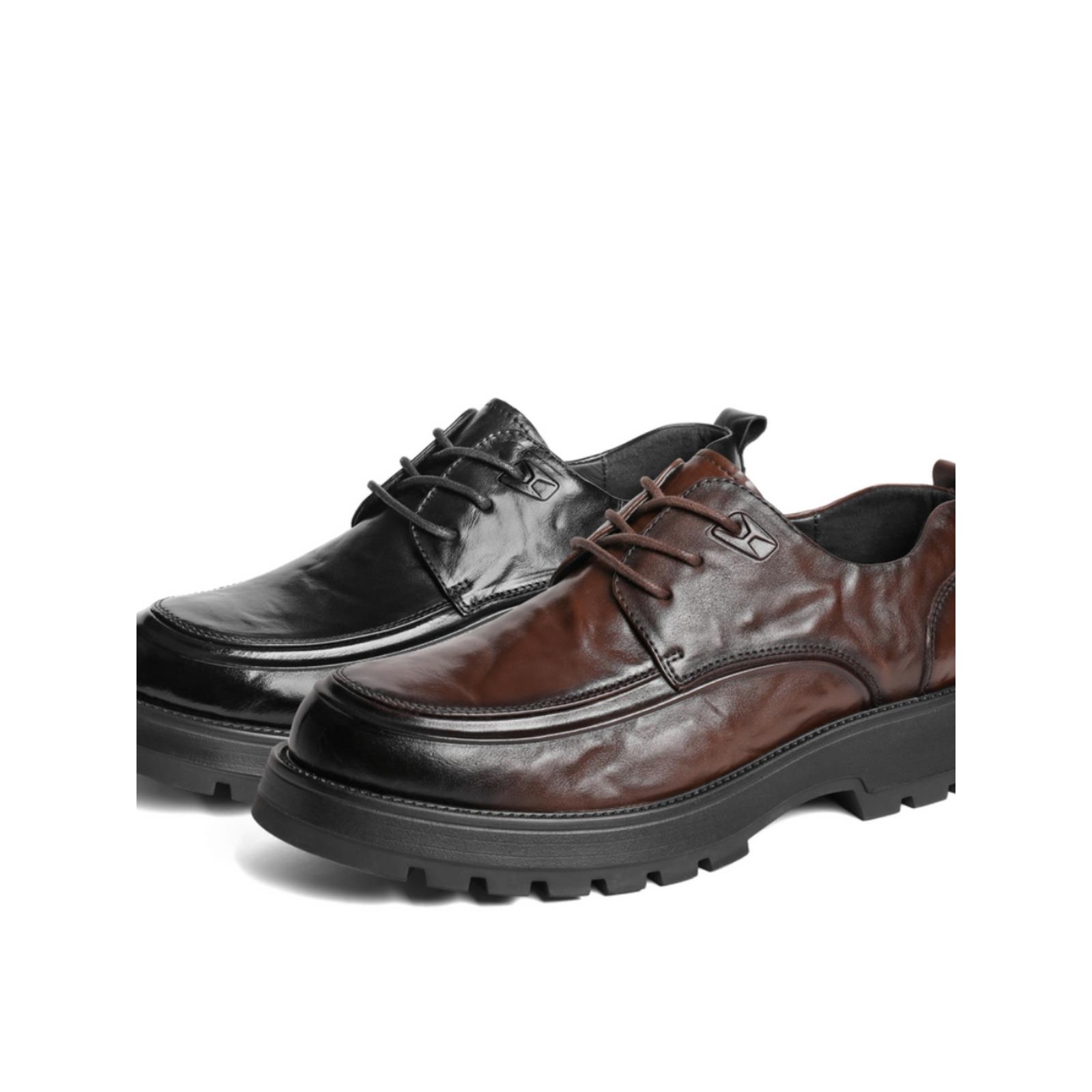 百丽男鞋秋冬款褶皱商务皮鞋男士24新款加绒休闲皮鞋A1422AM4