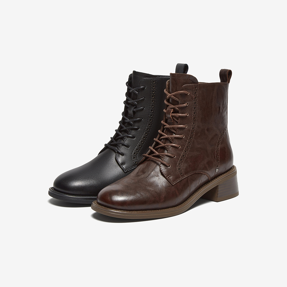 专柜正品Bata英伦风马丁靴女2024冬季牛皮牛皮纹理短筒靴48017DD4