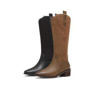 天美意粗跟覆古V口显瘦尖头西部靴女高筒骑行靴25秋新款 KXZ13DG5