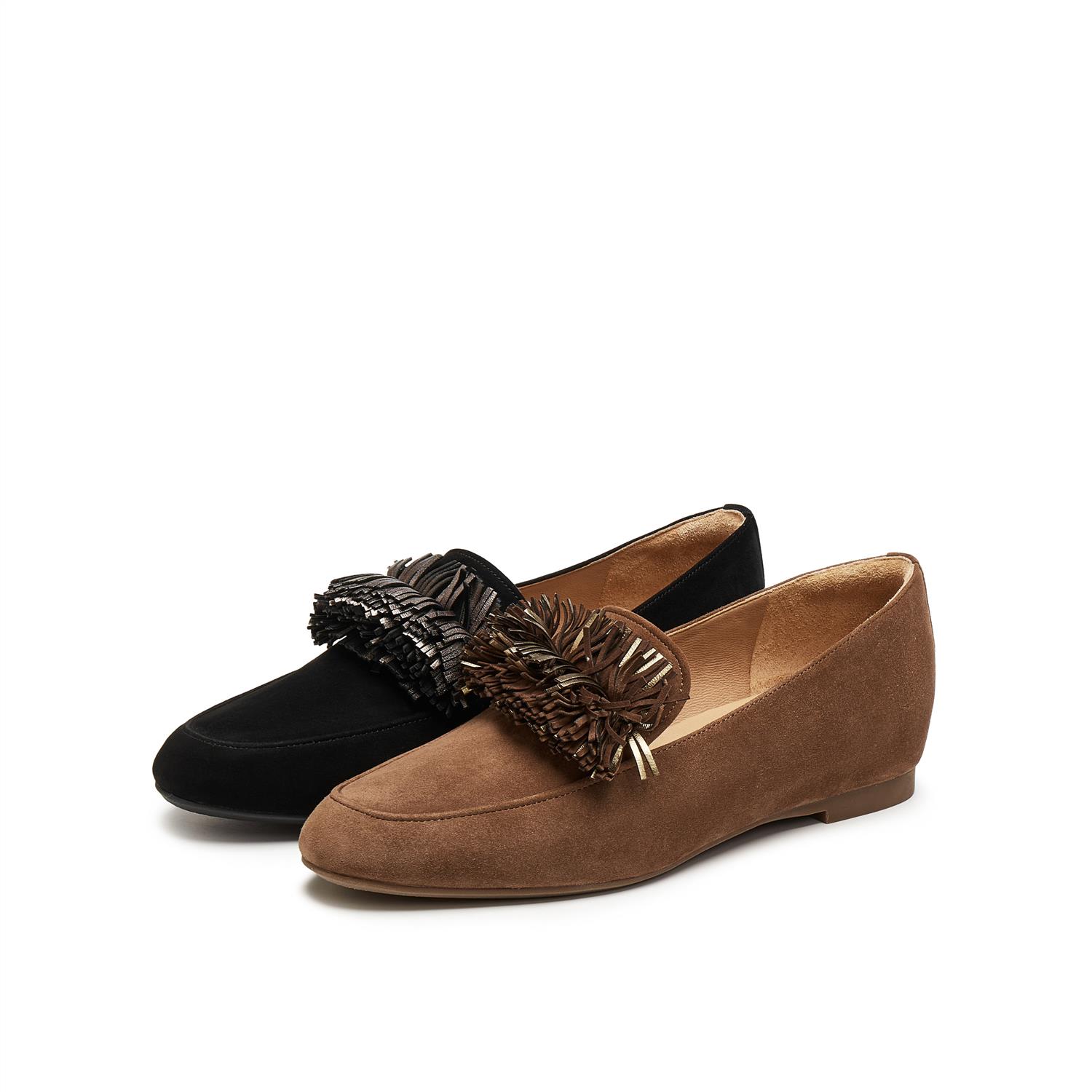 真美诗2025秋季新款羊皮柔软舒适流苏小皮鞋平底乐福鞋女Y1M02CA5