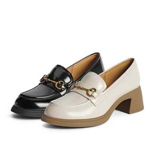 3A625CA4 马衔扣粗高跟乐福鞋 百丽24秋女鞋 子英伦黑色小皮鞋