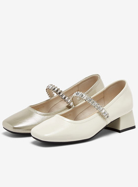 百思图2025秋季新款法式白色玛丽珍鞋通勤粗跟方头女单鞋M1663CQ5