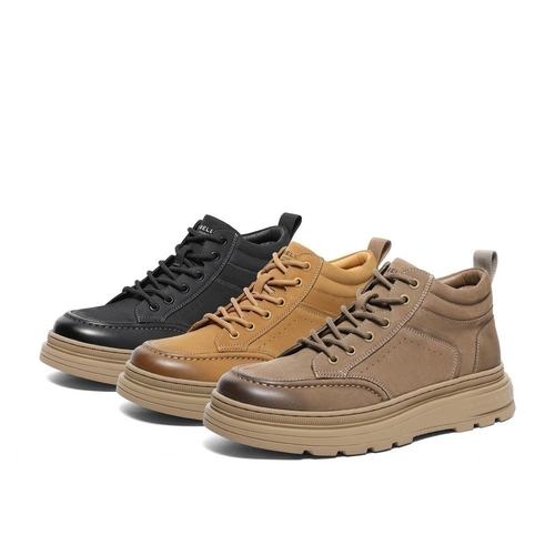 百丽男鞋复古擦色休闲鞋男2023新款牛皮厚底高帮板鞋加绒A1332DD3