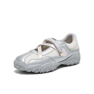 运动风女银色休闲鞋 魔术贴芭蕾德训鞋 A2081CQ5 新款 百思图2025秋季