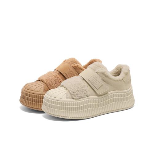 百丽贝壳头毛毛加绒厚底板鞋女25春新款休闲雪地靴棉鞋D3L1DAM5