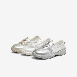 运动女休闲鞋 银色网纱厚底芭蕾德训鞋 D3355CM5 新款 百思图2025秋季