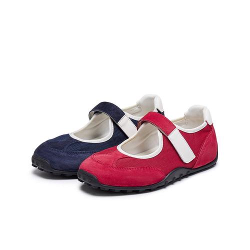 百丽红色运动玛丽珍鞋女2025新款魔术贴浅口休闲包鞋子B2815CQ5