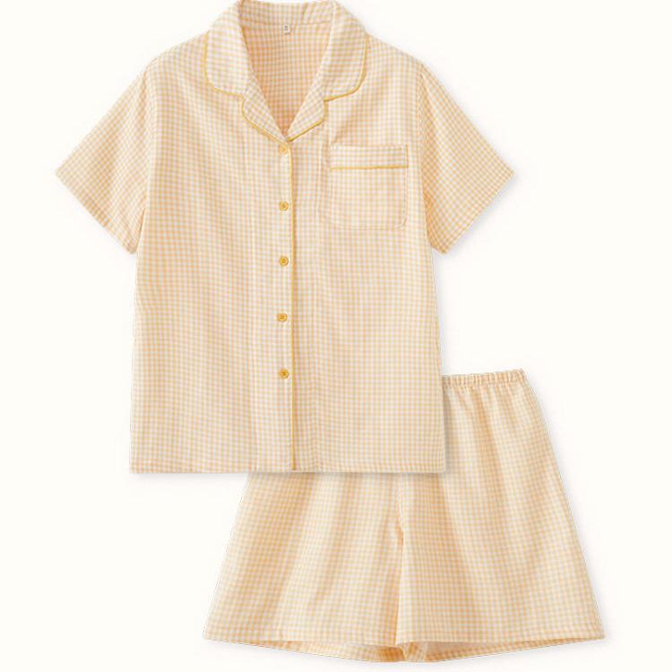 日系新款睡衣女士夏季纱布短袖短裤套装男款全棉格子家居服女