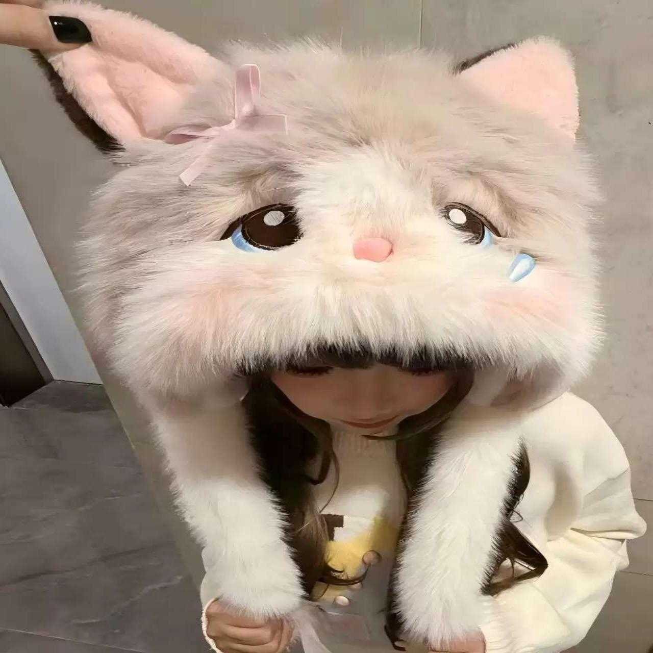 暹罗猫会动耳朵毛绒帽周边秋冬保暖可爱猫咪帽子拍照出片头套款