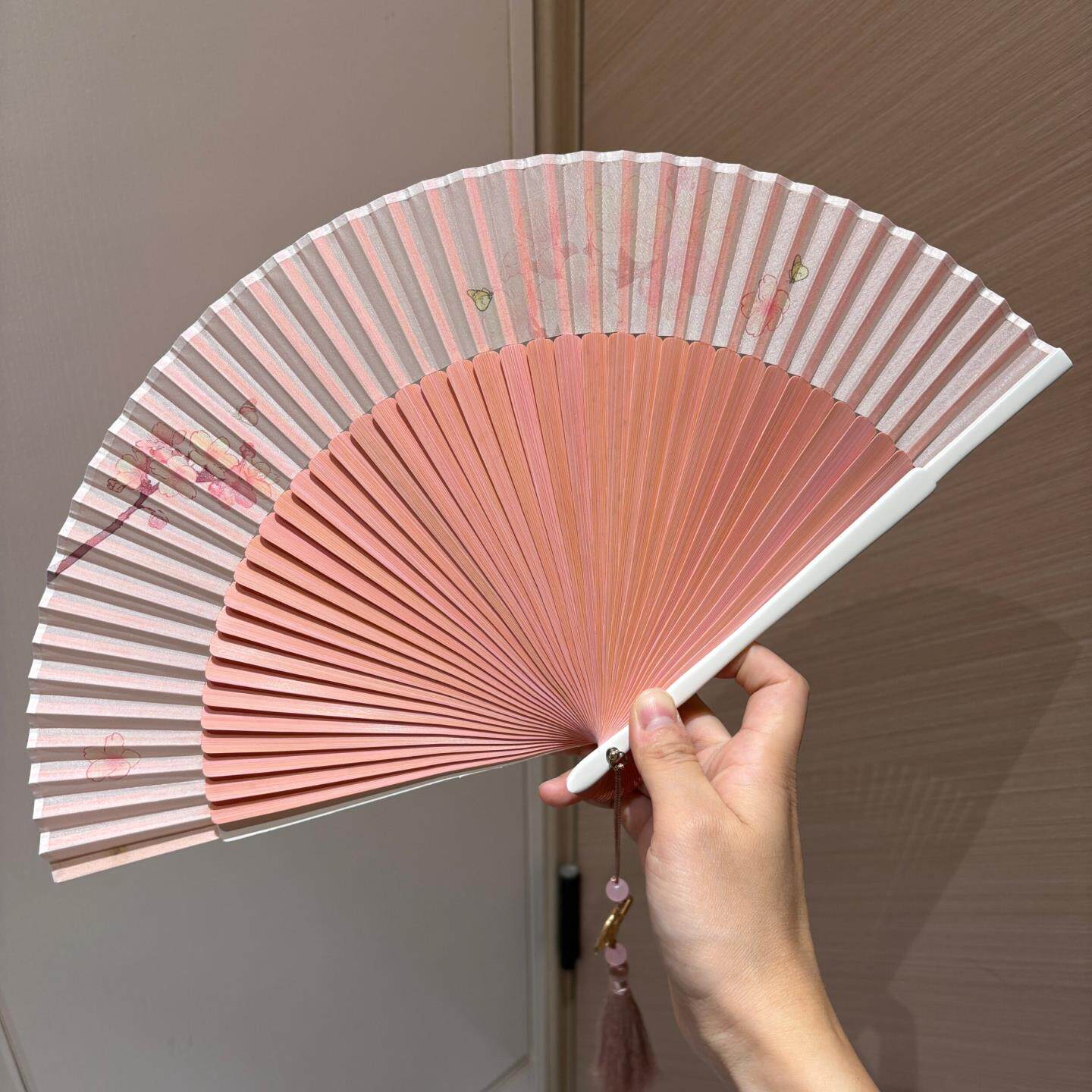 扇子夏天便携古风桃花粉色折扇女式随身古典中国风汉服旗袍扇子