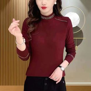 德绒镶钻打底衫女秋冬季新款加绒加厚妈妈装修身显瘦长袖保暖上衣